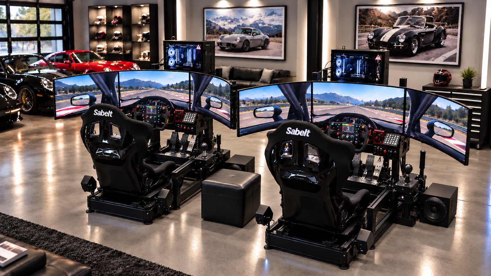 Two Level 3 simulators: Sabelt seats, triple screens, shifter, handbrake and surround sound in a private garage